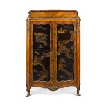 A LOUIS XV STYLE GILT-BRONZE MOUNTED BLACK LACQUER, KINGWOOD, TULIPWOOD PARQUETRY ARMOIRE, LATE 19TH CENTURY