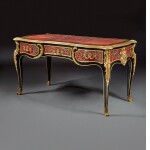 A LOUIS XV GILT BRONZE -MOUNTED EBONIZED WALNUT AND RED TORTOISESHELL AND BRASS PREMIERE PARTIE BOULLE MARQUETRY BUREAU PLAT BY LATZ, SIGNED AND DATED 1744, THE MARQUETRY SECOND QUARTER 19TH CENTURY, LIKELY REPLACING AN EARLIER SIMILAR DESIGN