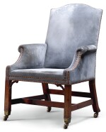 A GEORGE III UPHOLSTERED MAHOGANY ARMCHAIR, LATE 18TH CENTURY