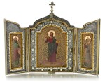 A parcel-gilt gold, silver and pearl-set triptych icon, Olovyanishnikov and Sons, Moscow, 1908-1917