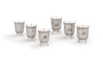 Six silver beakers by Ercuis, four engraved with a monogram and two with three shells, modern