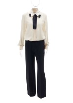 Pair of black silk trousers and two-tone silk blouse