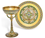 A silver-gilt plique-à-jour, guilloché and champlevé enamel sherbet cup and stand, Khlebnikov, Moscow, 1899-1908