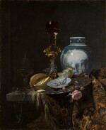 Still life with a Chinese ginger jar, silver, objects of vertu, a cut melon, bread, a paper packet in a porcelain bowl, and a pink rose, all on a table draped with a Persian carpet | 《靜物：桌上的瓷薑罐、古董銀器、切開的蜜瓜、麵包、瓷碟上的紙捲與粉紅玫瑰，桌面鋪波斯毛毯》