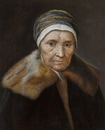 Portrait of an old lady, bust-length, wearing a fur coat and a blue headdress trimmed with gold