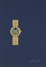An original prototype design of a perpetual calendar bracelet watch, painted by Gérald Genta, with accompanying NFT, Circa 1991 | 傑洛・尊達 一幅萬年曆鏈帶腕錶原型設計圖，由傑洛・尊達繪製並附帶 NFT 証書，約1991年製