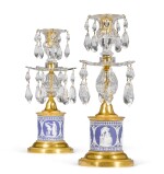 A pair of George III cut-glass and gilt-brass mounted blue jasper Wedgwood porcelain candlesticks, late 18th century