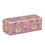A FINELY ENAMELLED PINK-GROUND YANGCAI BOX AND COVER QING DYNASTY, QIANLONG PERIOD | 清乾隆 宮粉地洋彩錦上添花番蓮紋長方蓋盒