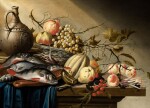 Still life with freshwater fish, fruit and a jug, all on a draped table