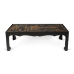 A Chinoiserie Gilt, Black, and Red Lacquered Rectangular Coffee Table on Ebonized Stand
