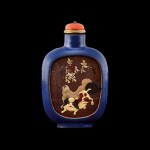 A blue-ground Yixing stoneware 'Pekingese dogs and pigeons' snuff bottle Qing dynasty, Daoguang period | 清道光 宜興紫砂堆料加彩雙犬圖鼻煙壺