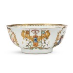 An Extremely Rare Chinese Export Famille-Rose 'Royal Arms of Scotland' and 'Order of the Thistle' Punch Bowl, Qing Dynasty, Qianlong Period, Circa 1775 | 清乾隆 約1775年 粉彩蘇格蘭紋章圖大盌