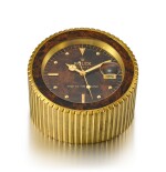 ROLEX | REFERENCE 455, A HEAVY GILT BRASS DISPLAY DESK CLOCK WITH STOP FEATURE AND DATE, CIRCA 1985