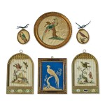  A SET OF TWO FRAMED BIRD PICTURES, ONE EMBROIDERED AND THE OTHER A PAPER CUTOUT; WITH TWO SMALL EMBROIDERED BIRDS IN OVAL GILTWOOD FRAMES; AND TWO BIRD ENGRAVINGS IN GILTWOOD NEOGOTHIC FRAMES, 19TH CENTURY