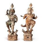 Two painted pottery figures of Lokapala, Tang dynasty | 唐 陶加彩天王俑兩尊