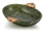 A Fabergé jewelled varicoloured gold-mounted guilloché enamel and nephrite two-handled bowl, workmaster Michael Perkhin, St Petersburg, 1899-1903