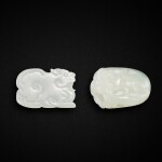 Two white jade carved 'mythical beast' plaques, Qing dynasty, 18th - 19th century 清十八至十九世紀 白玉雕瑞獸及螭龍珮一組兩件