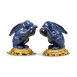 A Pair of Chinese Blue Porcelain Hares on Louis XV Style Gilt Bronze Mounts, 19th Century