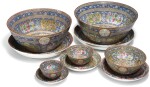 A SET OF FIVE PORCELAIN BOWLS AND DISHES WITH 'FAMILLE ROSE' DECORATION FROM A SERVICE MADE FOR MA'SUD MIRZA ZILL AL-SULTAN, CHINA AND PERSIA, DATED 1297 AH/1879-80 AD AND 1301 AH/1883-4 AD