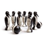 RARE SET OF SIX CARVED AND PAINTED WOOD PENGUIN TENPINS WITH TWO BALLS, EARLY 20TH CENTURY