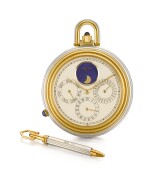 A TWO-COLOUR GOLD OPEN-FACED KEYLESS LEVER MINUTE REPEATING PERPETUAL CALENDAR WATCH WITH MOON PHASES CIRCA 1985, NO. 18036 [Gérald Genta 雙色金萬年曆三問懷錶備月相顯示，年份約1985，編號18036]