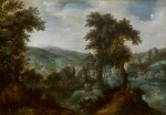 ATTRIBUTED TO GILLIS VAN CONINXLOO  |  A wooded landscape with hunters by a village