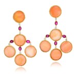 Pair of coral, ruby and diamond earrings