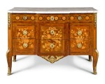A TRANSITIONAL KINGWOOD, ROSEWOOD AND MARQUETRY COMMODE