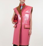 PRADA | PINK PATENT SHEARLING SLEEVELESS COAT, WOOL SKIRT, ORGANZA STRETCH SHIRT, POPLIN TIE.  UNIQUE READY-TO-WEAR NOT IN THE STORES