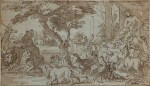Animals before a figure of Bacchus