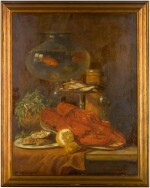 Still-life with shellfish, fish, lemons and goldfish in a bowl