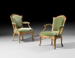 A pair of giltwood armchairs, Louis XV, stamp by Jacques-Jean-Baptiste Tilliard | Paire de fauteuils en hêtre redoré d'époque Louis XV, vers 1750, estampille de Jacques-Jean-Baptiste Tilliard