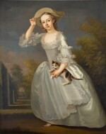 Portrait of Jane Bertie, daughter of the 2nd Duke of Ancaster (d. 1793), full-length, wearing a white silk dress, standing in a landscape and holding a kitten