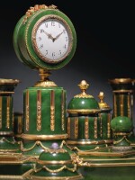 A Highly Important Fabergé Varicolored Gold-Mounted Nephrite Desk Set, Workmaster Henrik Wigström, St Petersburg, 1903-1912