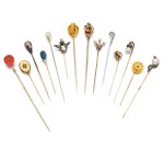 Fourteen gem set stick pins, late 19th to early 20th century and later
