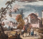 A) A river landscape with peasants and gentleman on horseback B) A river landscape with peasants and animals