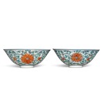 A rare pair of Ming-style doucai 'lotus' bowls, Marks and period of Yongzheng | 清雍正 鬥彩纏枝蓮紋盌一對 《大清雍正年製》款