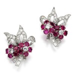 A pair of ruby and diamond ear clips, 1930s