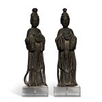 A pair of bronze figures of female attendants, Ming dynasty, 16th / 17th century | 明十六 / 十七世紀 銅仕女立像一對