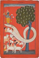 An illustration from a vertical Bhagavata Purana series: Krishna destroying Aghasura, India, Chamba, circa 1730-40