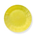 A rare molded lemon-yellow-enameled 'lotus' dish, Mark and period of Yongzheng | 清雍正 檸檬黃釉蓮花式盤 《大清雍正年製》款