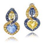 Pair of white gold, blue, yellow and fancy sapphire earrings, 'Entrelac' 
