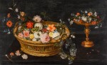 Still life with flowers in a basket and in a gilt tazza