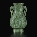 An archaistic spinach-green jade hu-form vase, Qing dynasty, 18th / 19th century | 清十八 / 十九世紀 碧玉雕仿古螭龍紋雙耳活環壺
