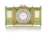 A rare Fabergé silver-gilt, enamel and seed pearl tryptich clock and frame, workmaster Johan Victor Aarne, St Petersburg, 1880-1904