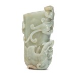 A celadon and russet jade 'chilong' vase (Guang), Qing dynasty | 清 青玉雕螭龍紋觥
