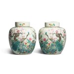 A pair of famille-rose 'peacock and flower' jars and covers, Qing dynasty, 19th century |  清十九世紀 粉彩孔雀花卉紋蓋罐一對