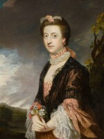 SIR JOSHUA REYNOLDS, P.R.A. | PORTRAIT OF MARY, COUNTESS OF COURTOWN (D. 1810), HALF-LENGTH, WEARING A PINK DRESS, BLACK LACE SHAWL, AND HOLDING A SPRAY OF CARNATIONS