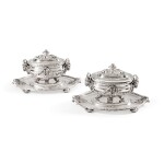 A pair of French silver tureens, covers, stands and liners, Robert-Joseph Auguste, Paris, one tureen 1775-1776, the other tureen and the liners 1776-1777