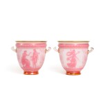 A PAIR OF FRENCH`ETRUSCAN' SEMI-OPAQUE GLASS PINK-OVERLAY ETCHED BOTTLE-COOLERS, ATTRIBUTED TO BACCARAT, 19TH CENTURY